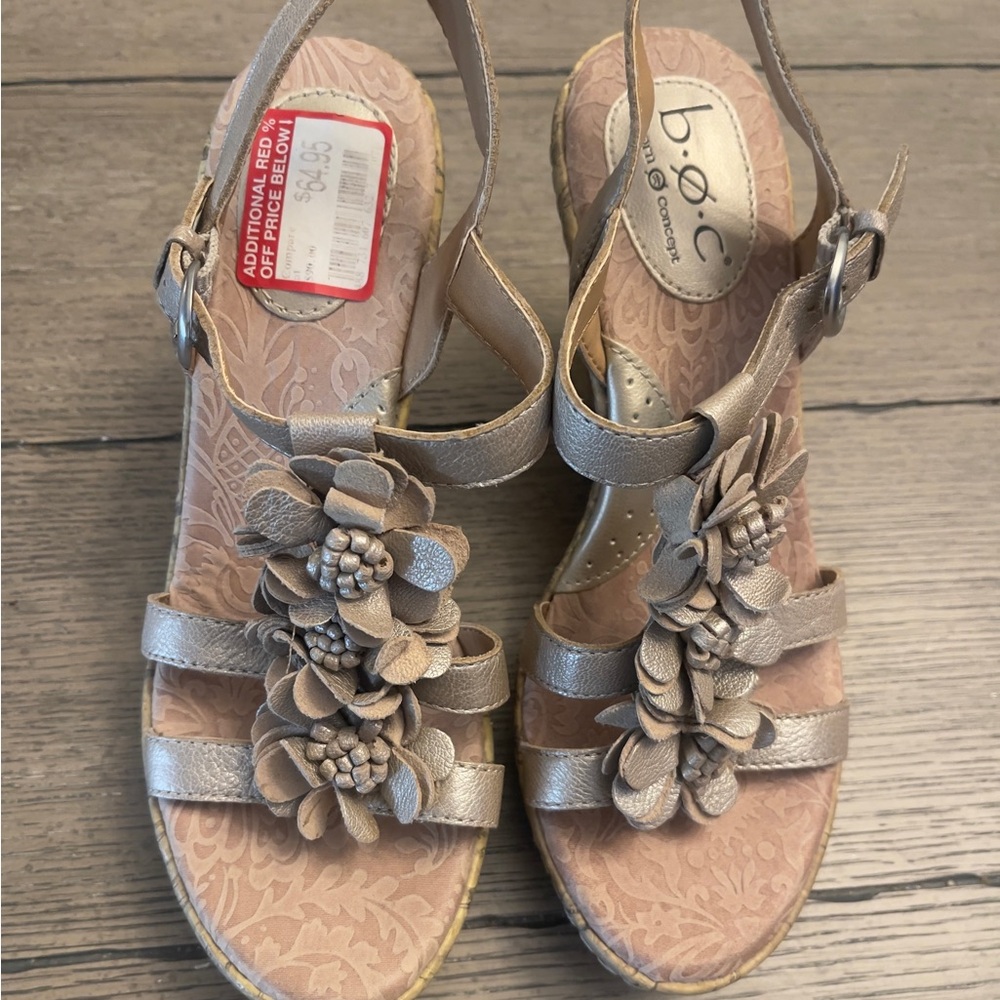 b.o.c. Tan Sandals with Floral Details and Wedge Heel
